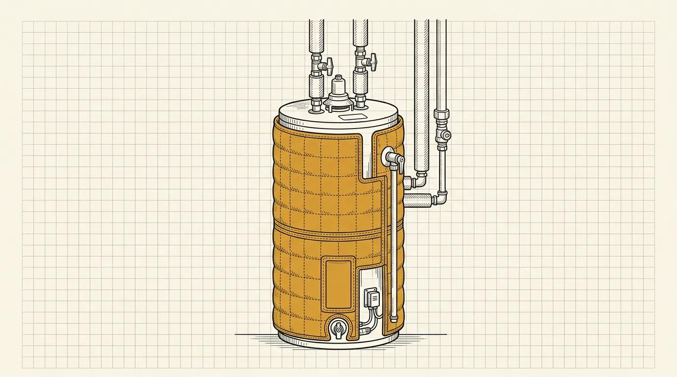 Technical line illustration of a water heater tank wrapped in a quilted insulation jacket with sealed seams, in charcoal lines on graph paper with one amber accent on the jacket.