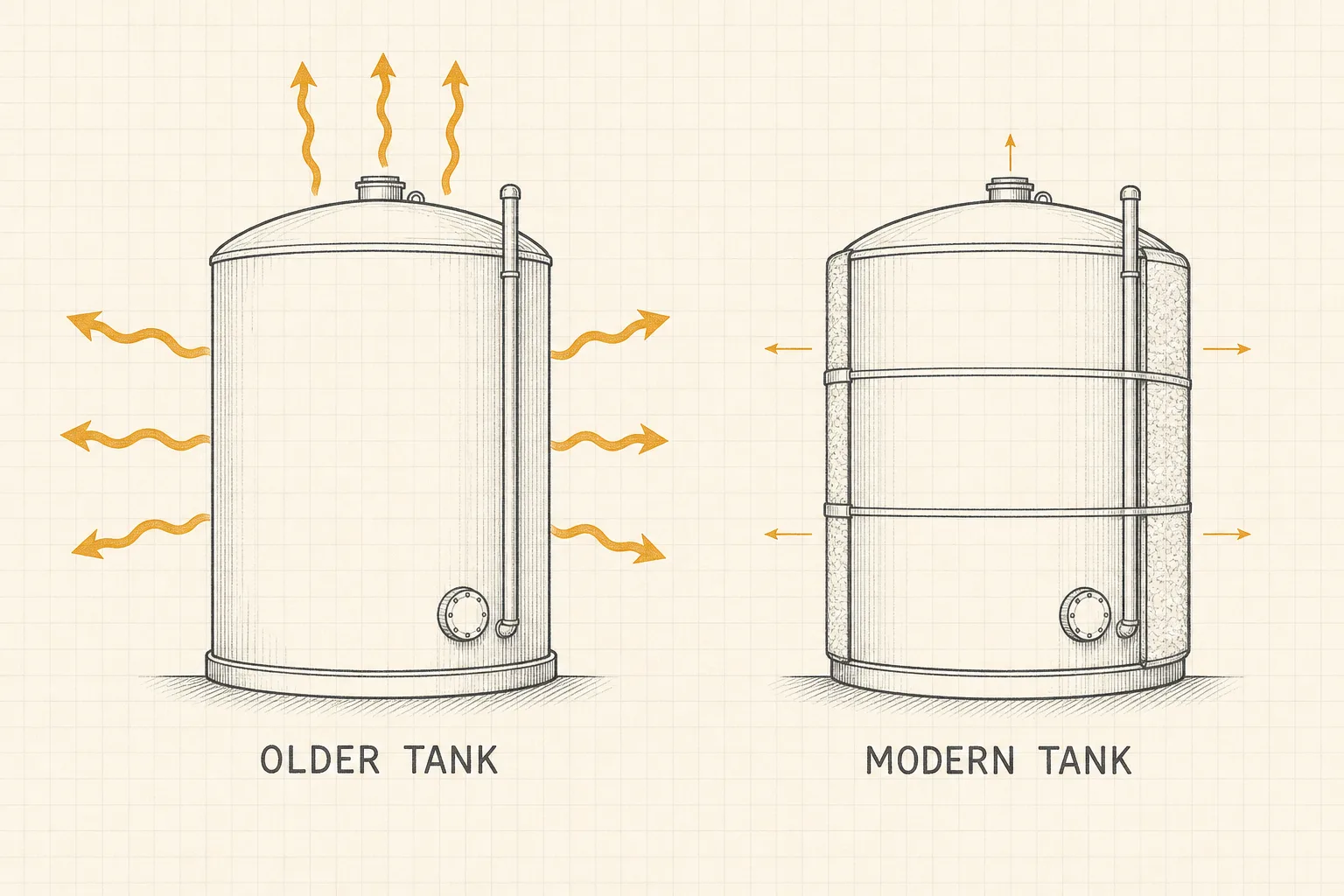 Comparison of an older minimally insulated tank losing more heat than a modern well-insulated tank.