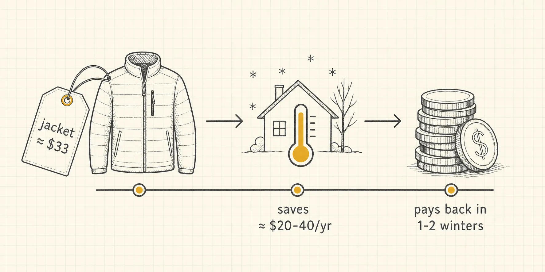 Payback timeline from a thirty-three dollar jacket to one to two winters of savings.