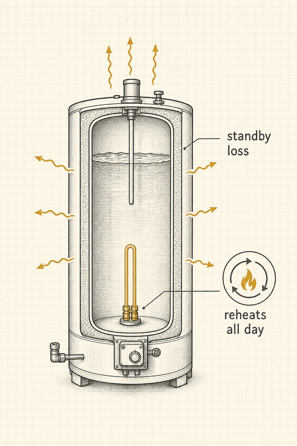 Diagram of standby loss: heat arrows leaving a stored hot water tank throughout the day.