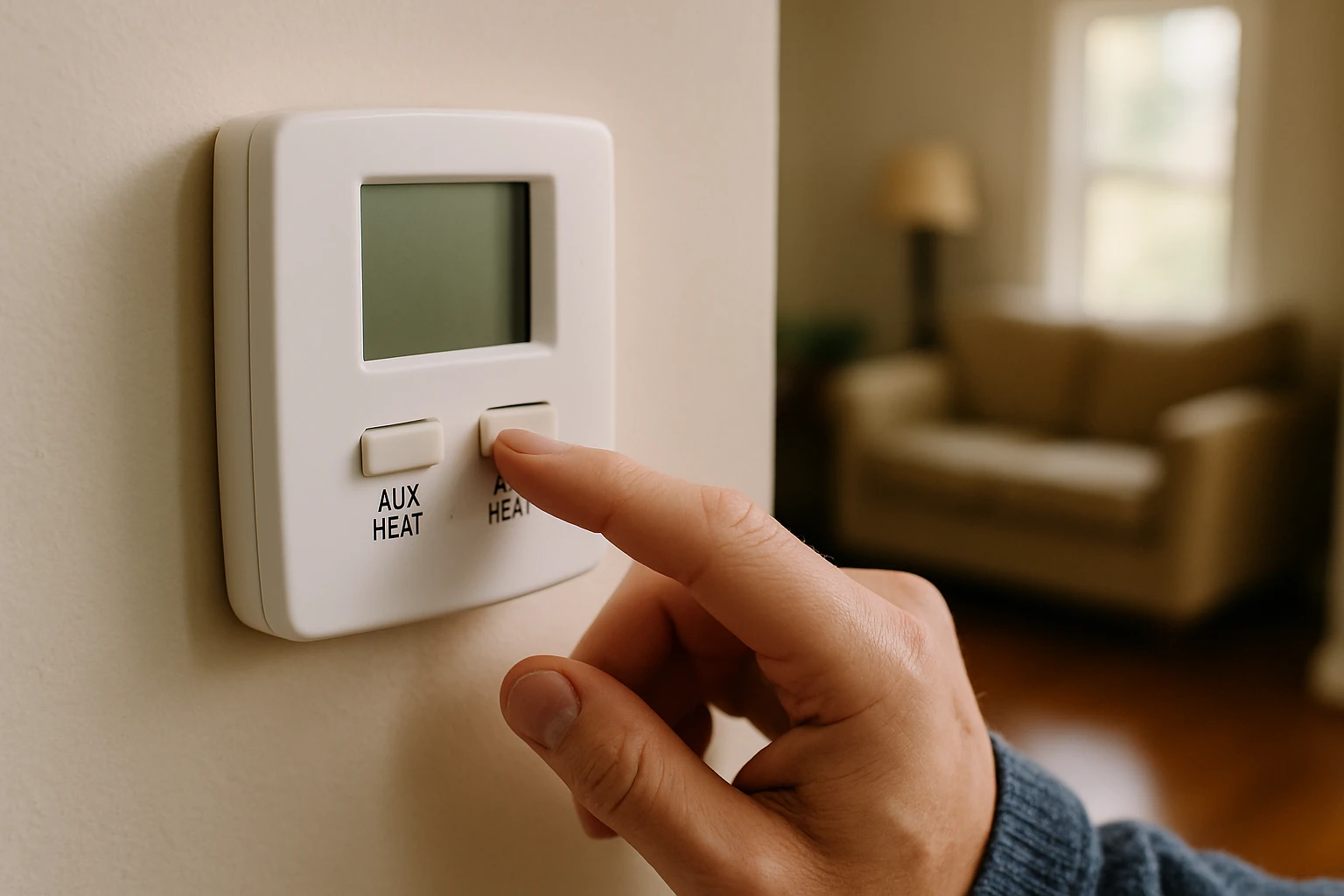 Thermostat display in a home showing heating settings