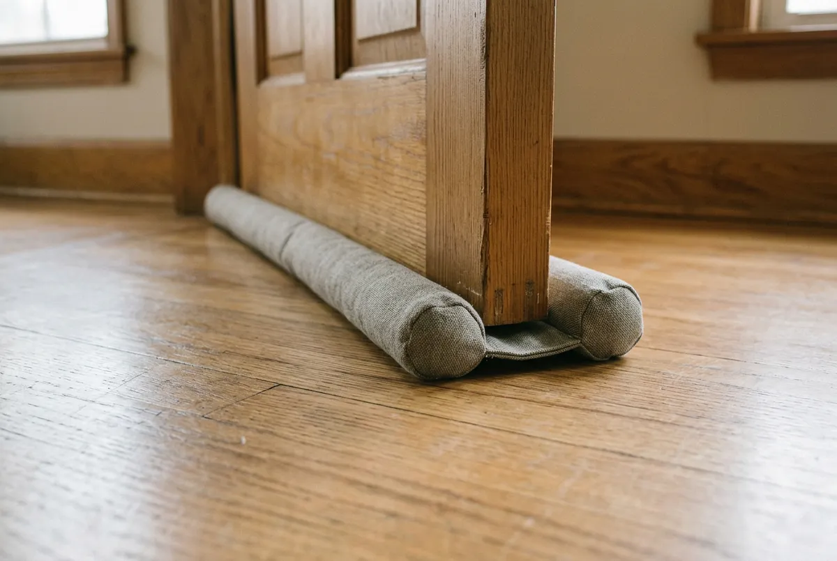 A fabric double-sided door draft stopper sleeve snugged under the bottom of a wooden interior door.