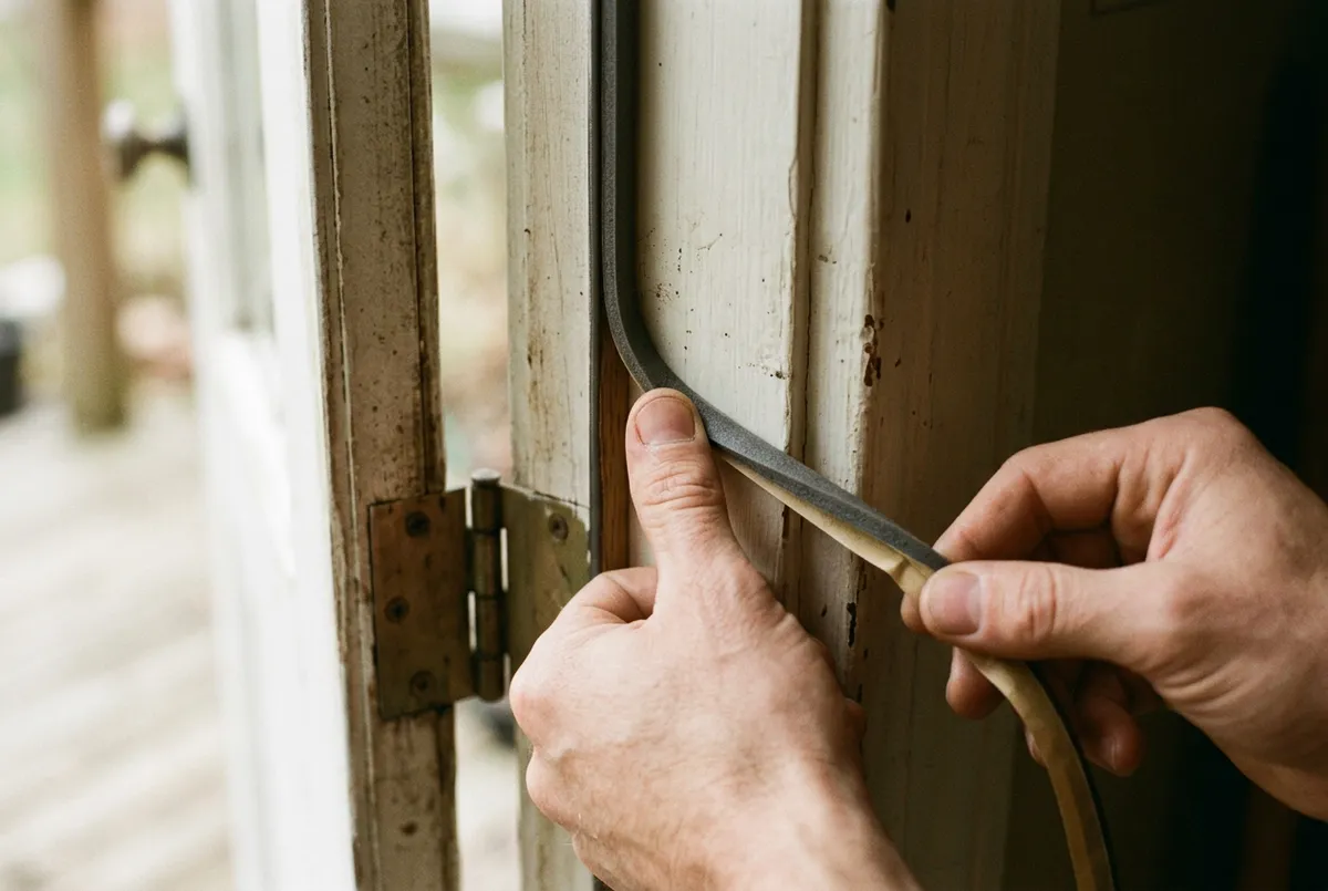 Hands pressing a thin self-adhesive weatherstripping strip along the edge jamb of an open exterior door.