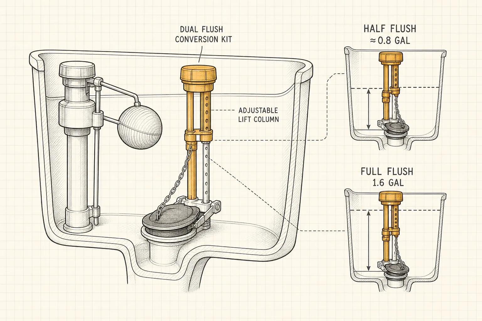 Cutaway line illustration of a toilet tank showing the two-button dual-flush mechanism, the overflow tube, and the 2-inch flush valve it replaces.