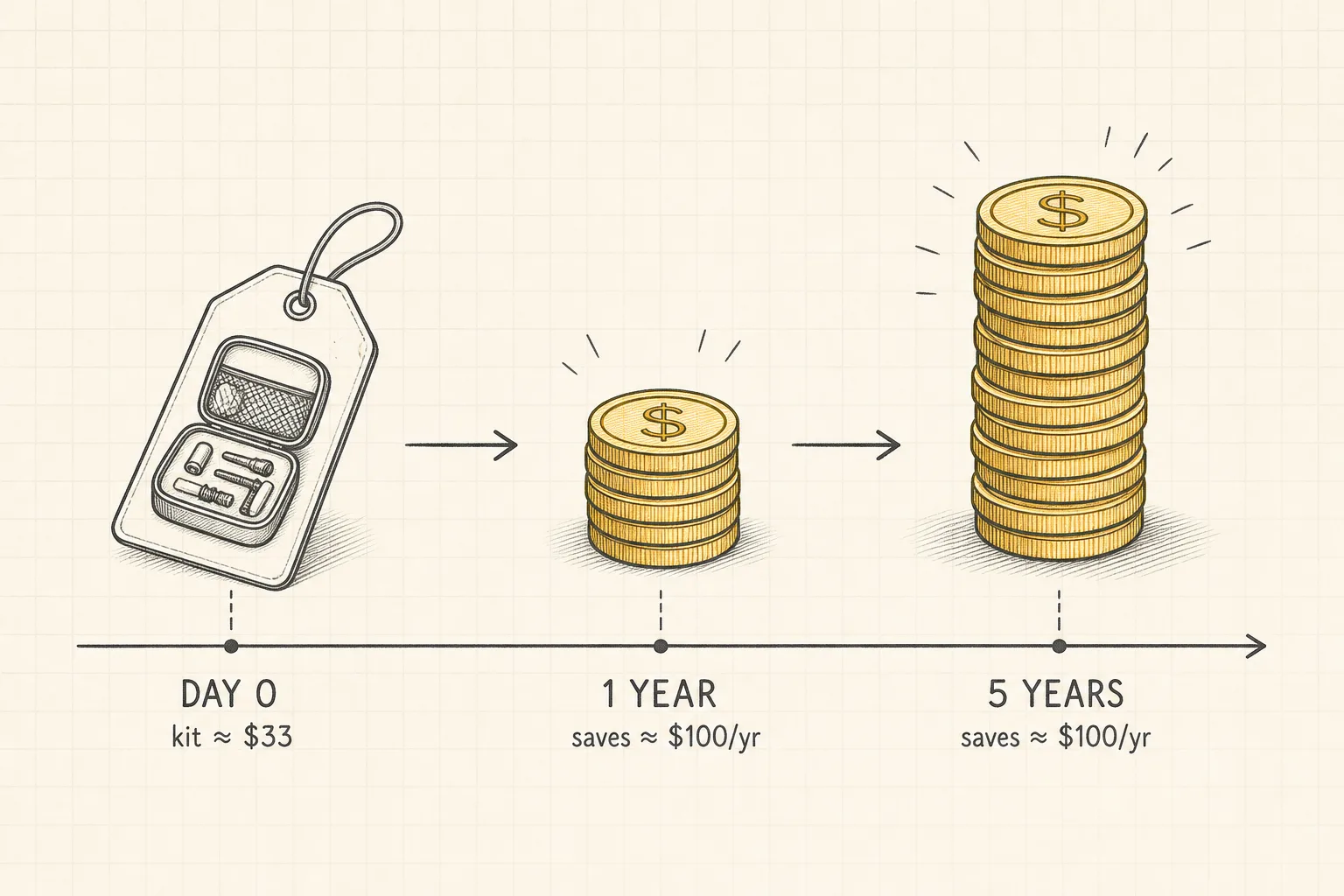 Payback timeline from a thirty-three dollar kit to roughly one hundred fifty-six dollars saved per year for a family of four.