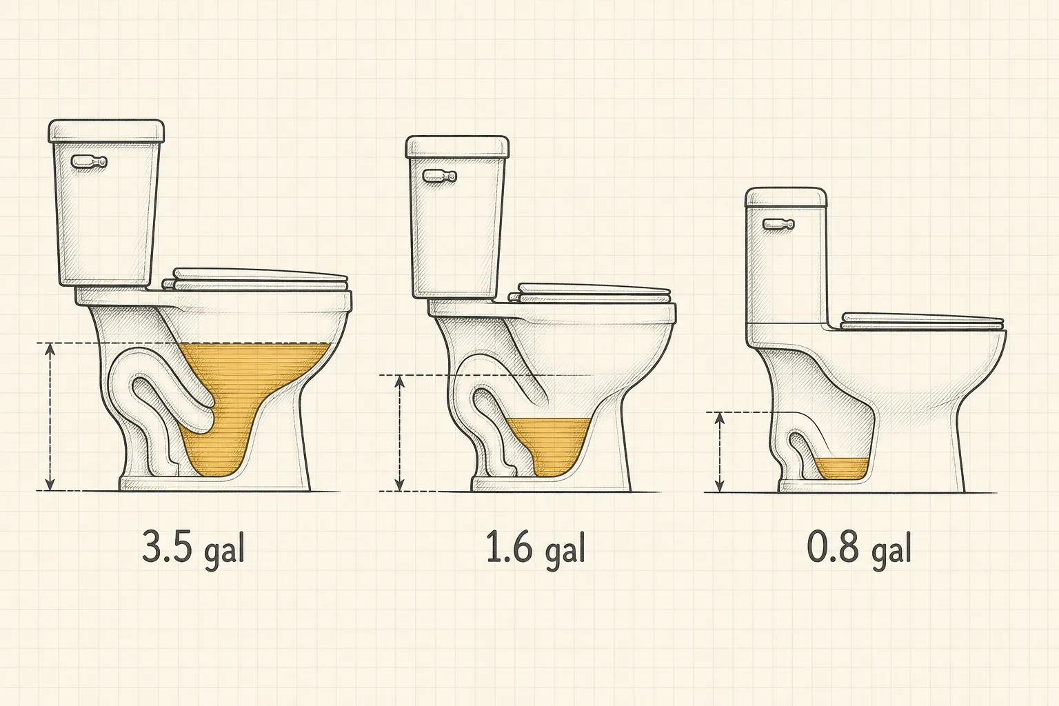 Line illustration comparing three flush volumes side by side: a tall 3.5-gallon column, a 1.6-gallon column, and a short 0.8-gallon column, each labeled.