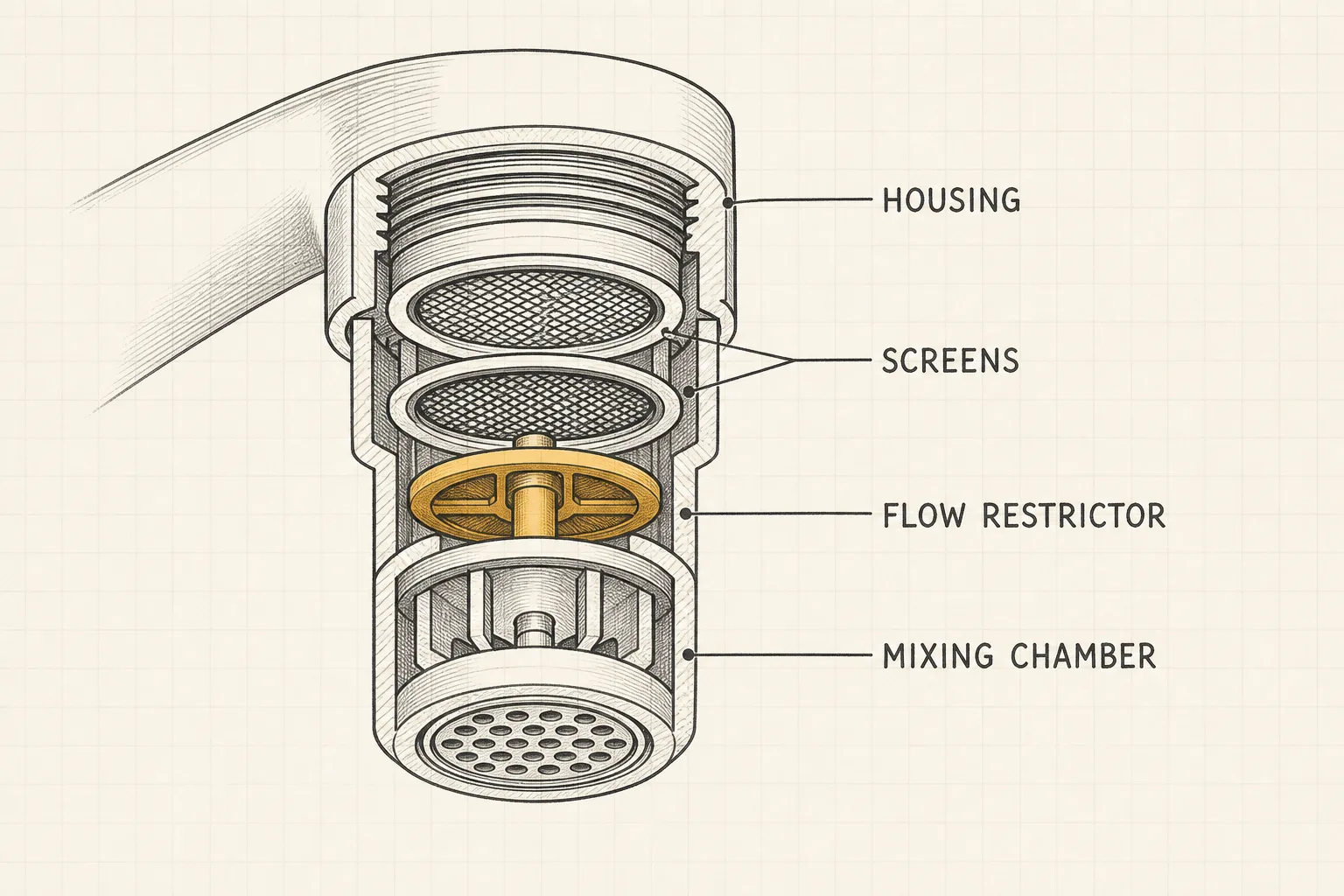 Cutaway line illustration of a faucet spout tip showing the mesh aerator screen and the small air-and-water mixing chamber inside.