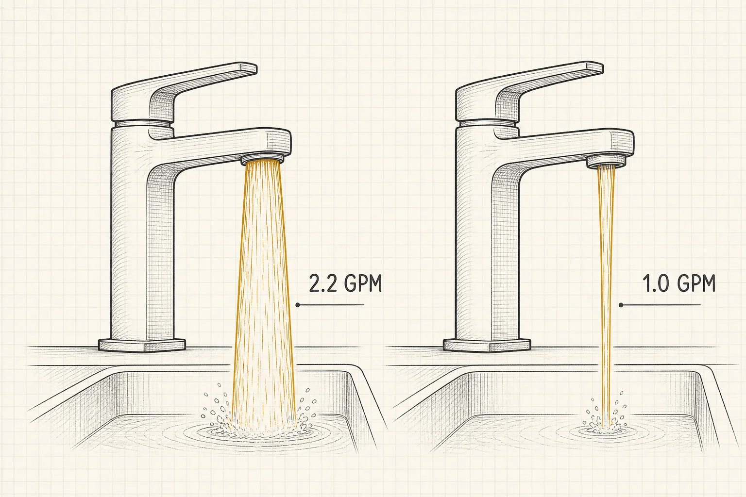 Side-by-side line illustration comparing a wide 2.2 gallons-per-minute stream against a narrower 1.0 gallons-per-minute stream, with the gallon flow labeled under each.