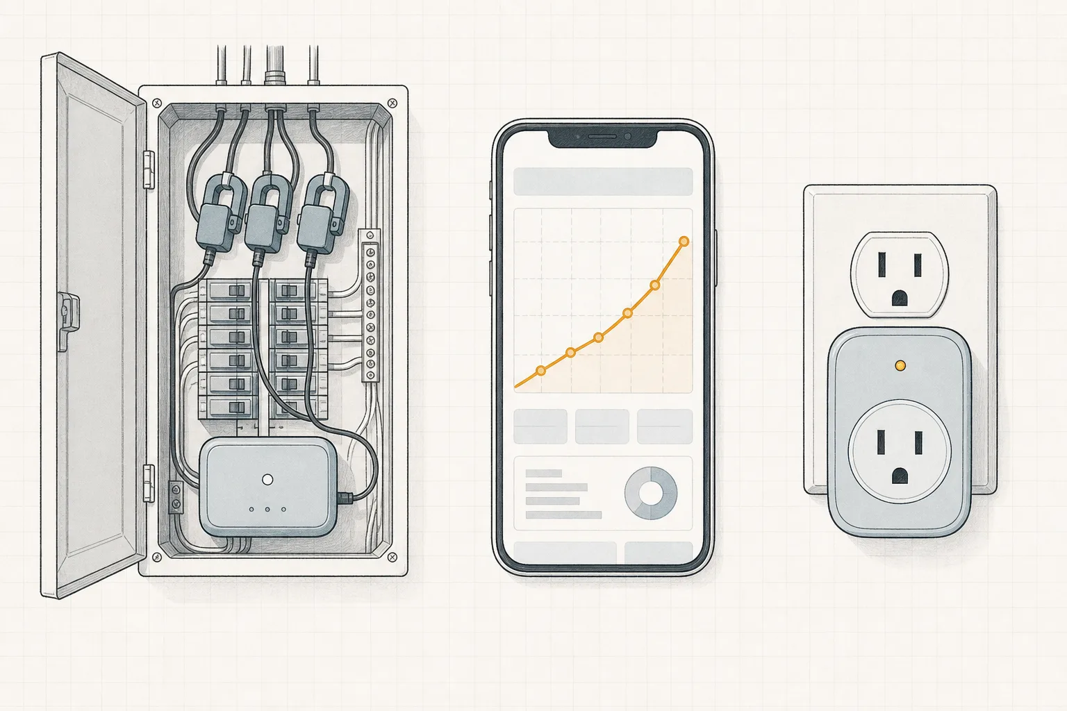 Technical line illustration of an electrical panel with clamp sensors feeding a monitor, a smart plug meter, and a phone showing a usage graph, in charcoal lines on graph paper with one amber accent.