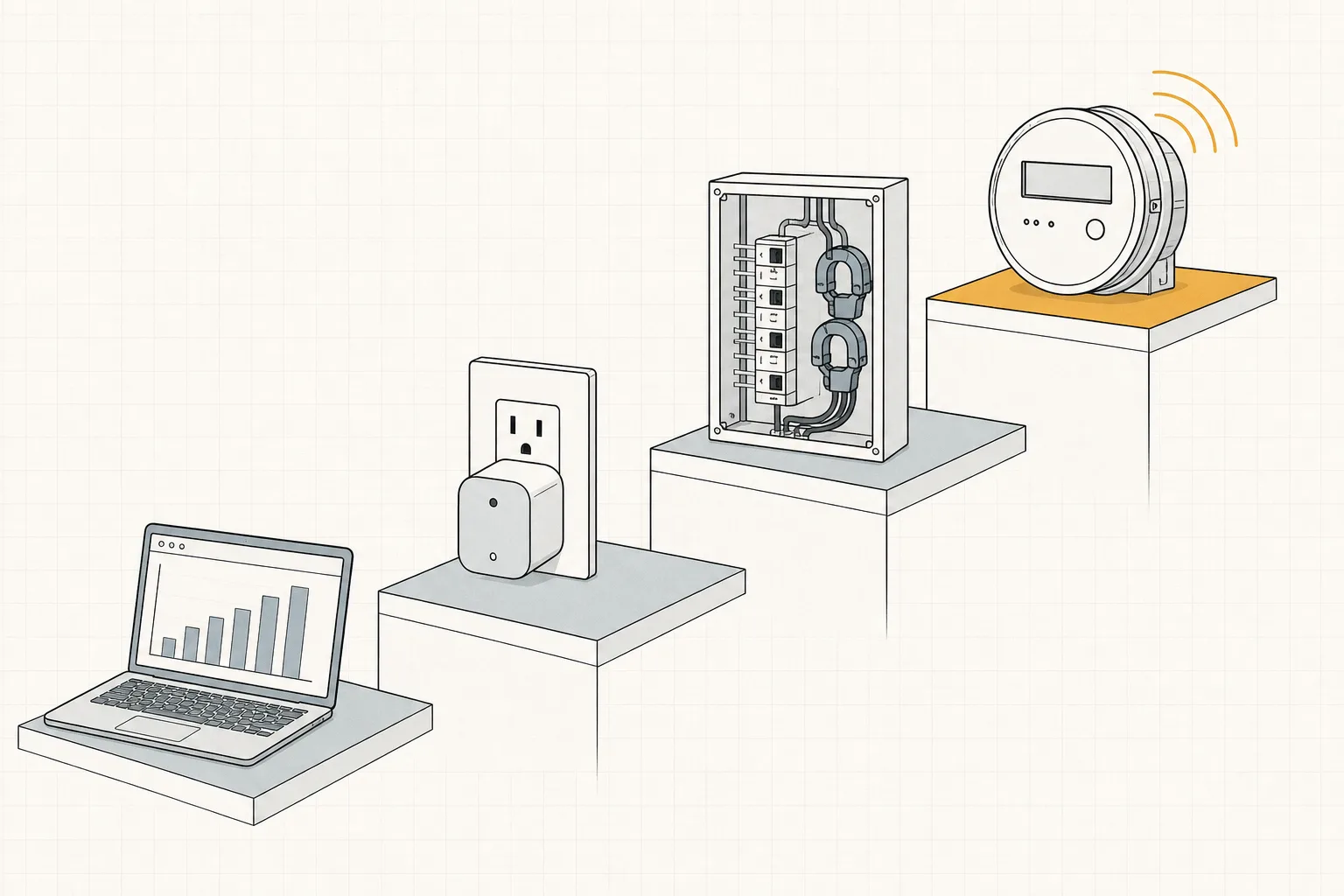 Line illustration of a four-step staircase: a laptop with a bar chart, a smart plug, an electrical panel with clamps, and a utility smart meter at the top.
