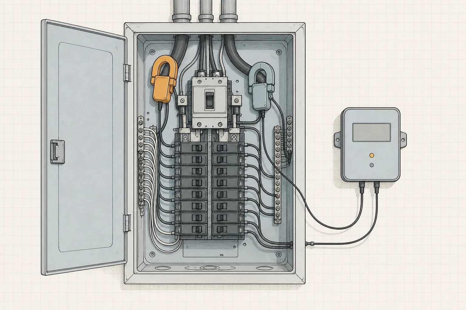 Line illustration of an open electrical panel with clamp sensors around its cables and a monitor unit mounted beside it.