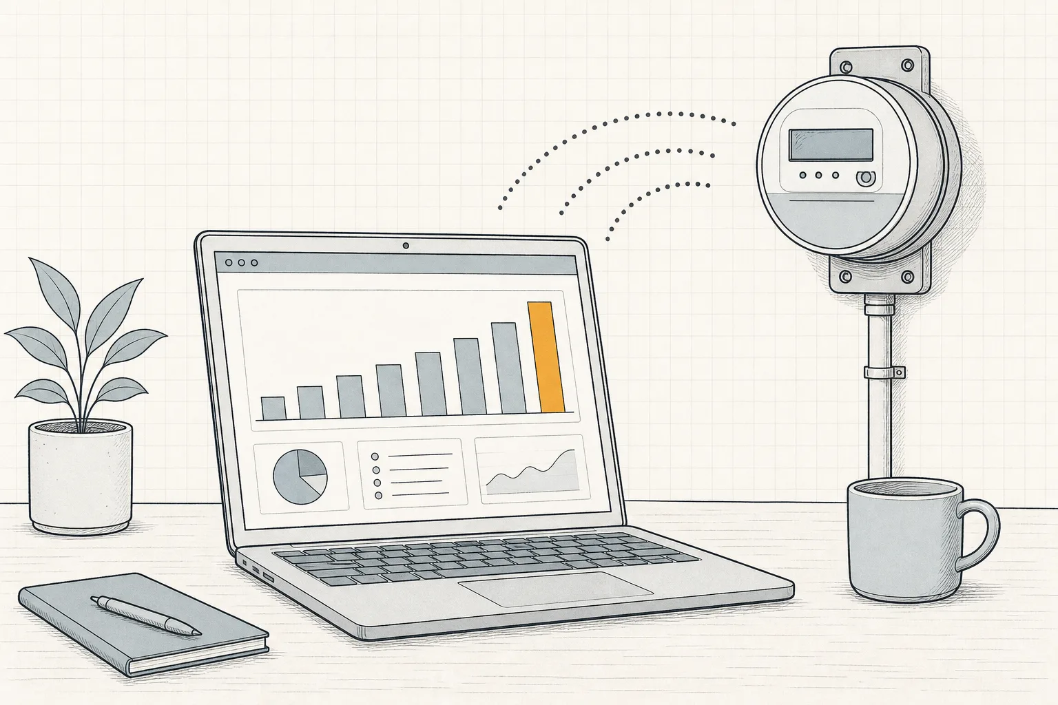 Line illustration of a laptop displaying a bar-chart dashboard connected by wireless arcs to a round utility meter.
