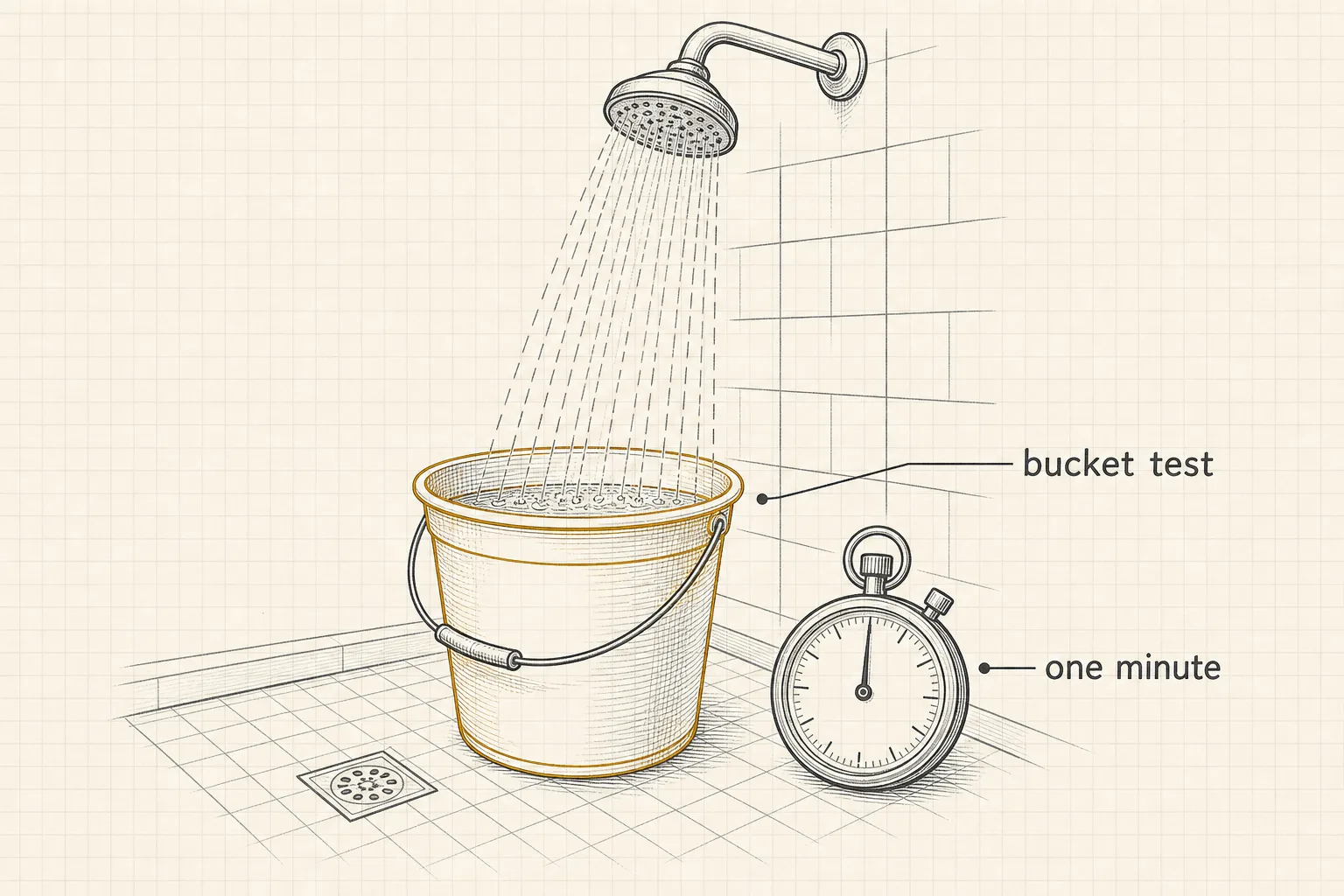 Line illustration of a shower stream filling a marked bucket while a hand holds a stopwatch, with the seconds-to-gallon calculation written beside it.