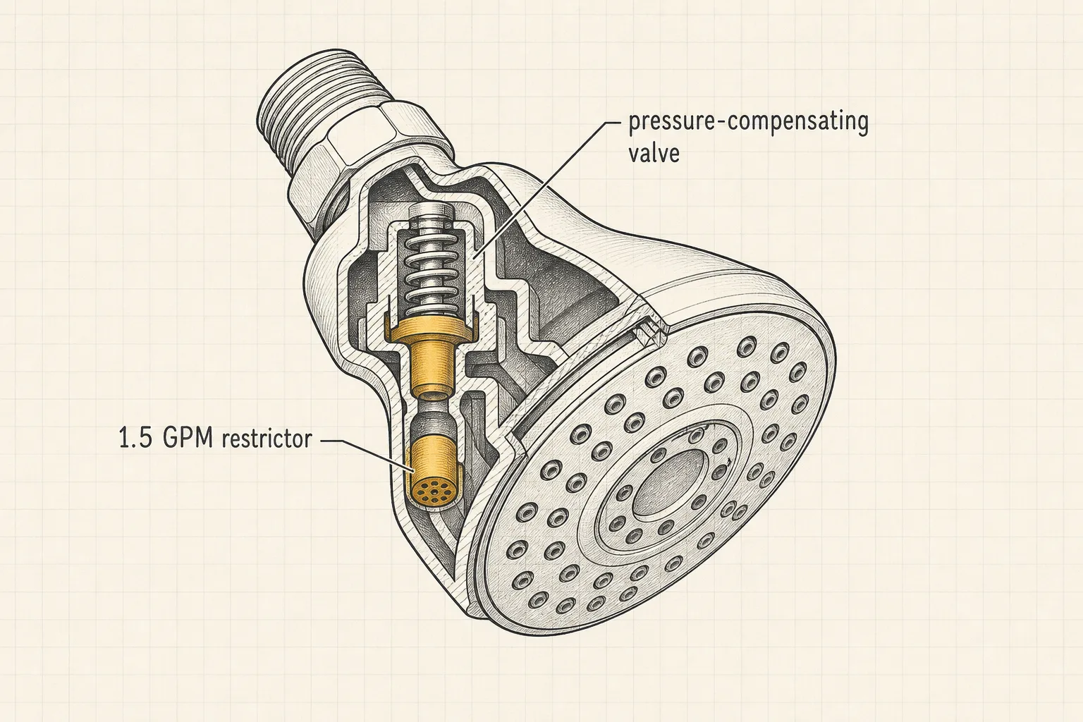 Cutaway line illustration of a showerhead showing the internal pressure-compensating disc flexing to keep spray force steady as pipe pressure changes.
