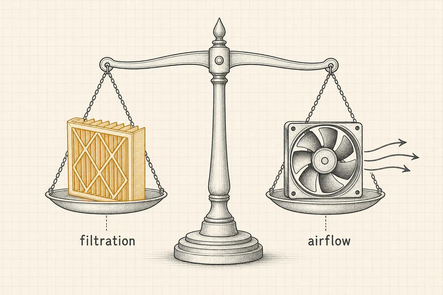 Balance-scale diagram trading filtration against airflow resistance.