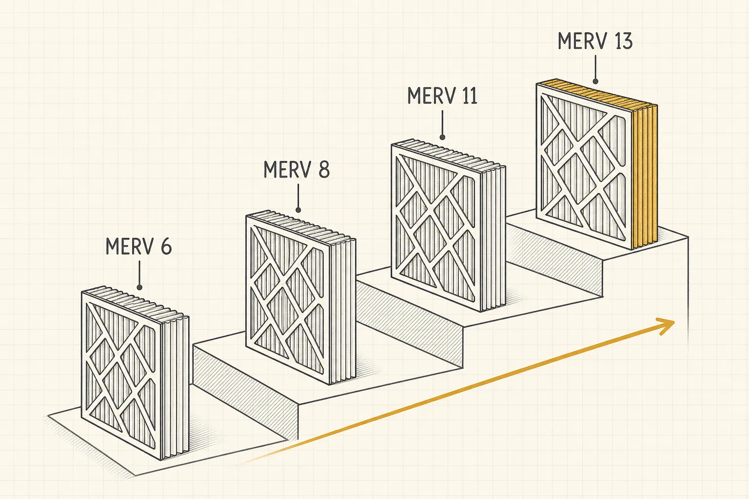 Staircase chart of MERV ratings 6, 8, 11, and 13 rising in filtration level.