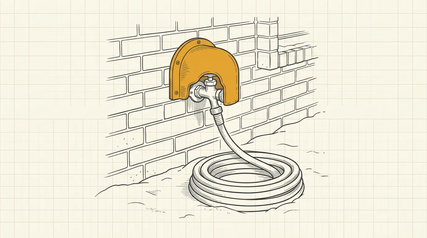 Technical line illustration of an outdoor spigot protected by a domed insulated cover on a brick wall, with a coiled disconnected hose and light snow, in charcoal lines on graph paper with one amber accent.