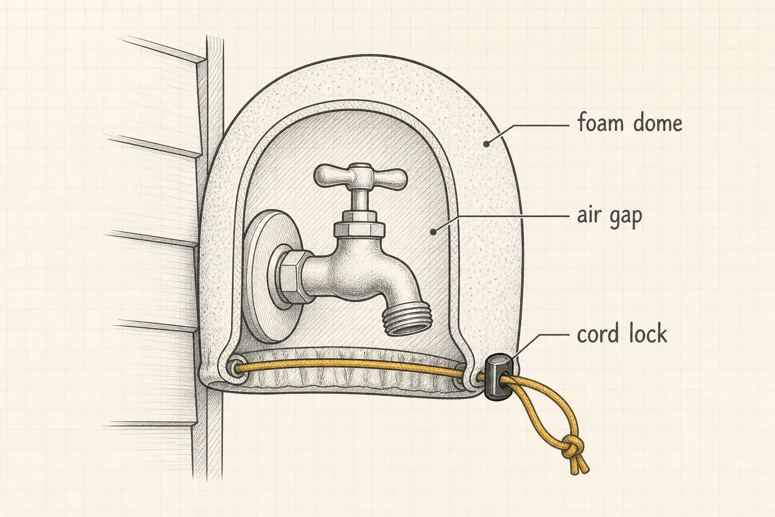 Labeled cross-section of a foam faucet cover showing the dome, the trapped air gap, and the tightening cord.