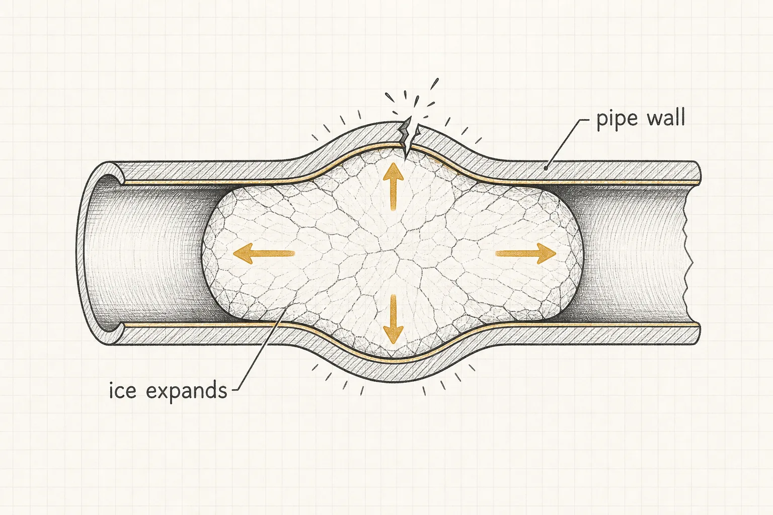 Diagram of ice expanding inside a pipe cross-section and stressing the pipe wall toward a crack.