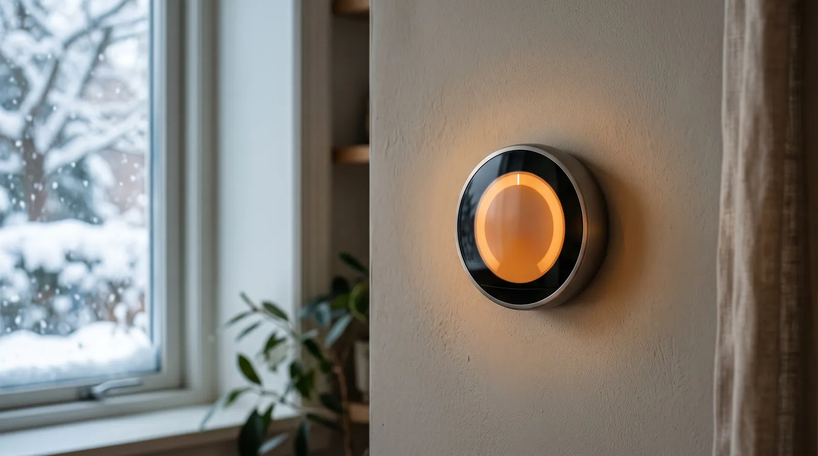 A modern smart thermostat glowing on a wall with snow falling outside the window behind it.