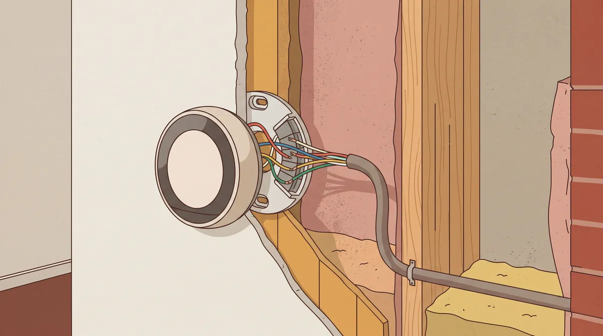 Diagram illustration of a thermostat mounted on a wall with colored low-voltage wires running behind it.