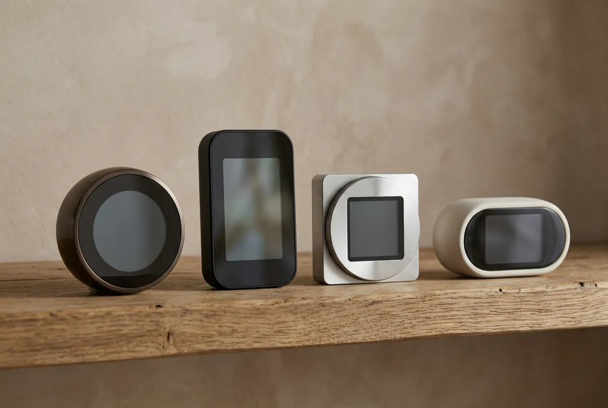 Four different home thermostats in different shapes and finishes arranged on a wooden shelf.