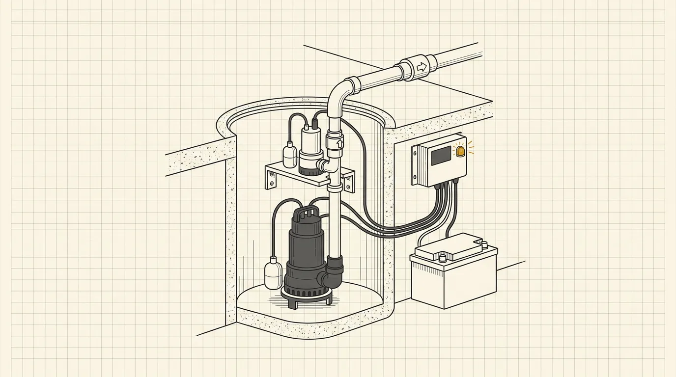 Technical line illustration of a sump pit with primary and battery-backup pumps plus battery box and alarm, in charcoal lines on graph paper with one amber accent on the alarm.