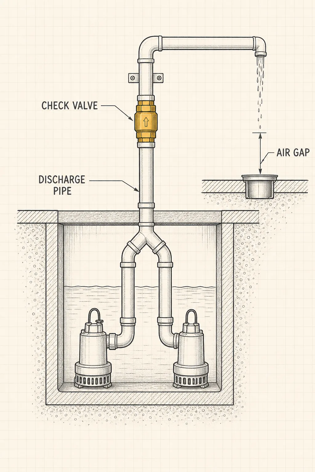 Schematic of a backup sump installation with check valve, shared discharge pipe, and air gap.