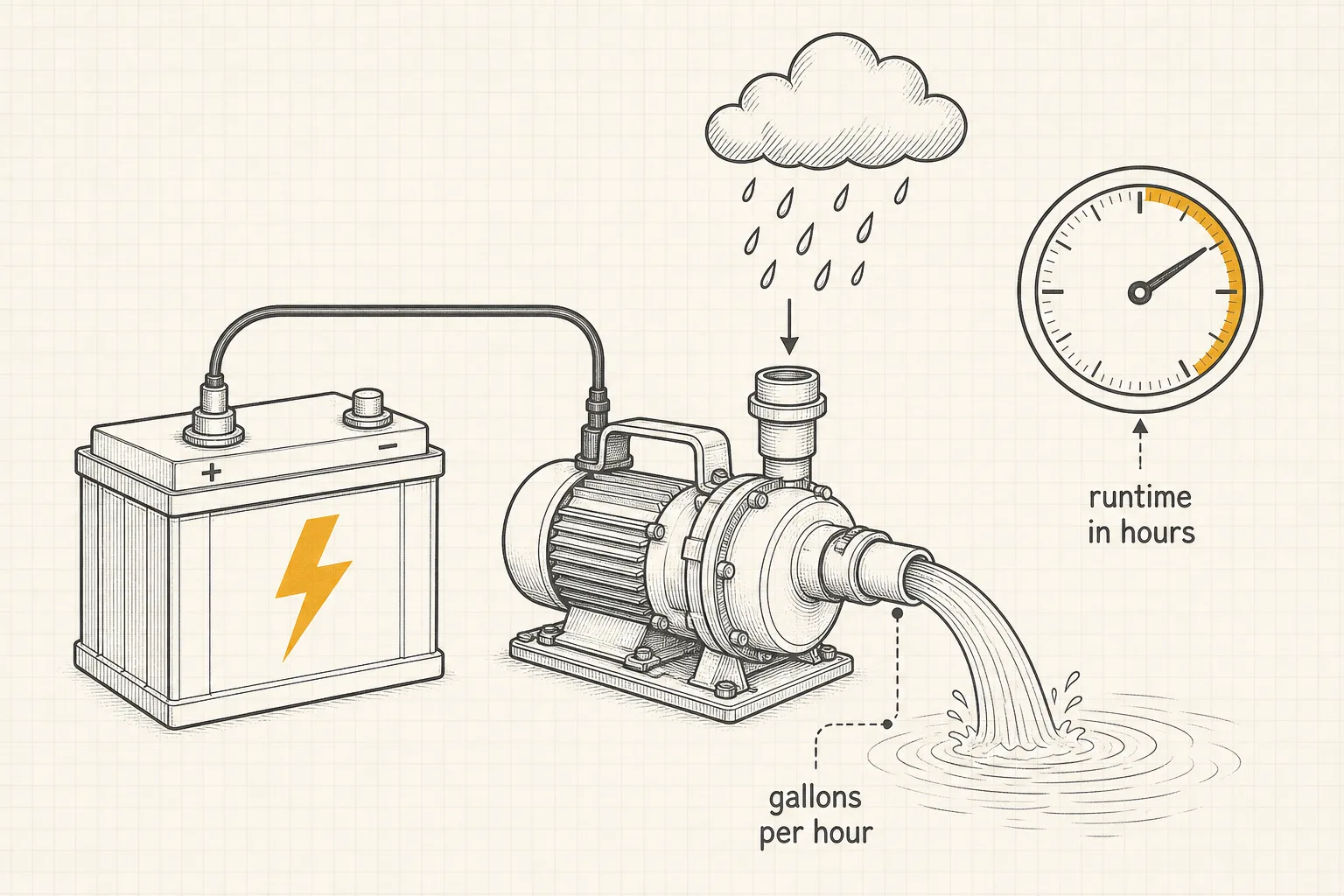 Runtime diagram linking battery capacity to pumping hours and gallons per hour.