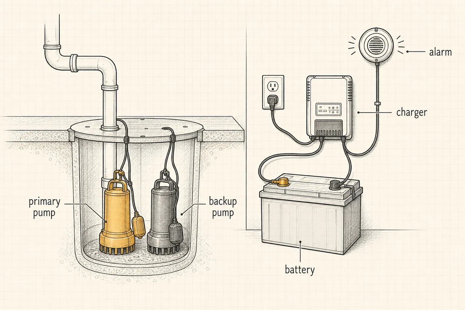 Labeled overview of a battery-backup sump system: primary pump, backup pump, battery, charger, and alarm.