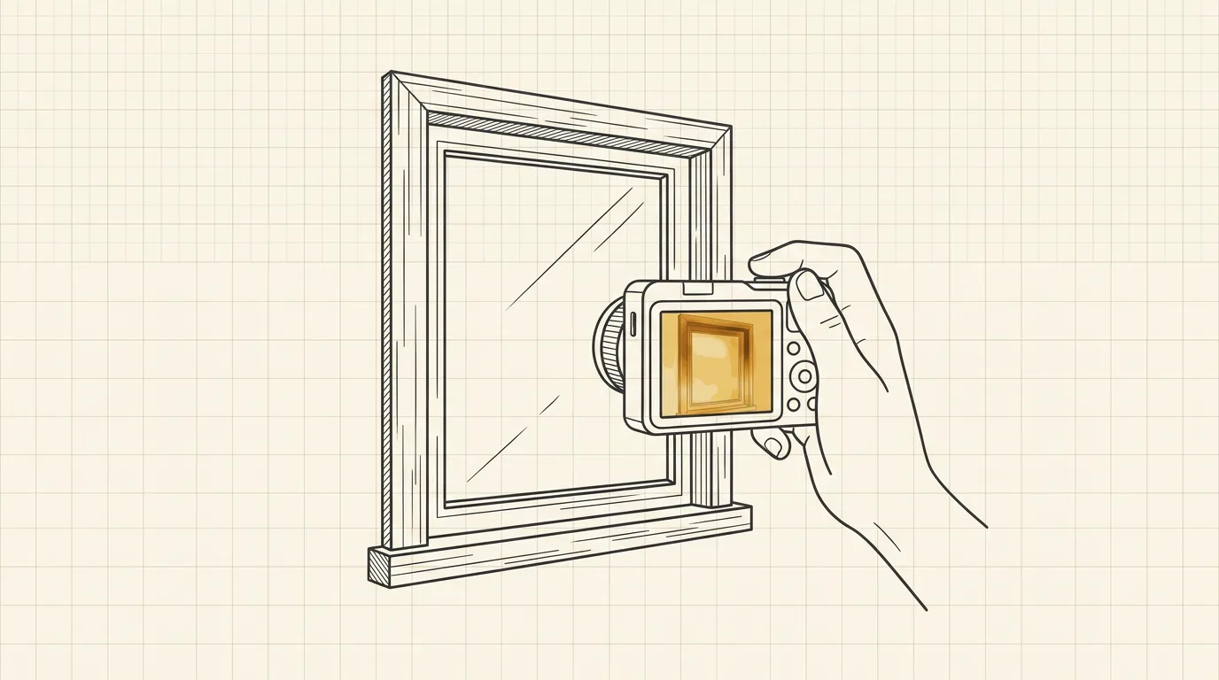Technical line illustration of a hand aiming a compact thermal camera at a window frame with a heat map on its screen, in charcoal lines on graph paper with the heat map as the amber accent.