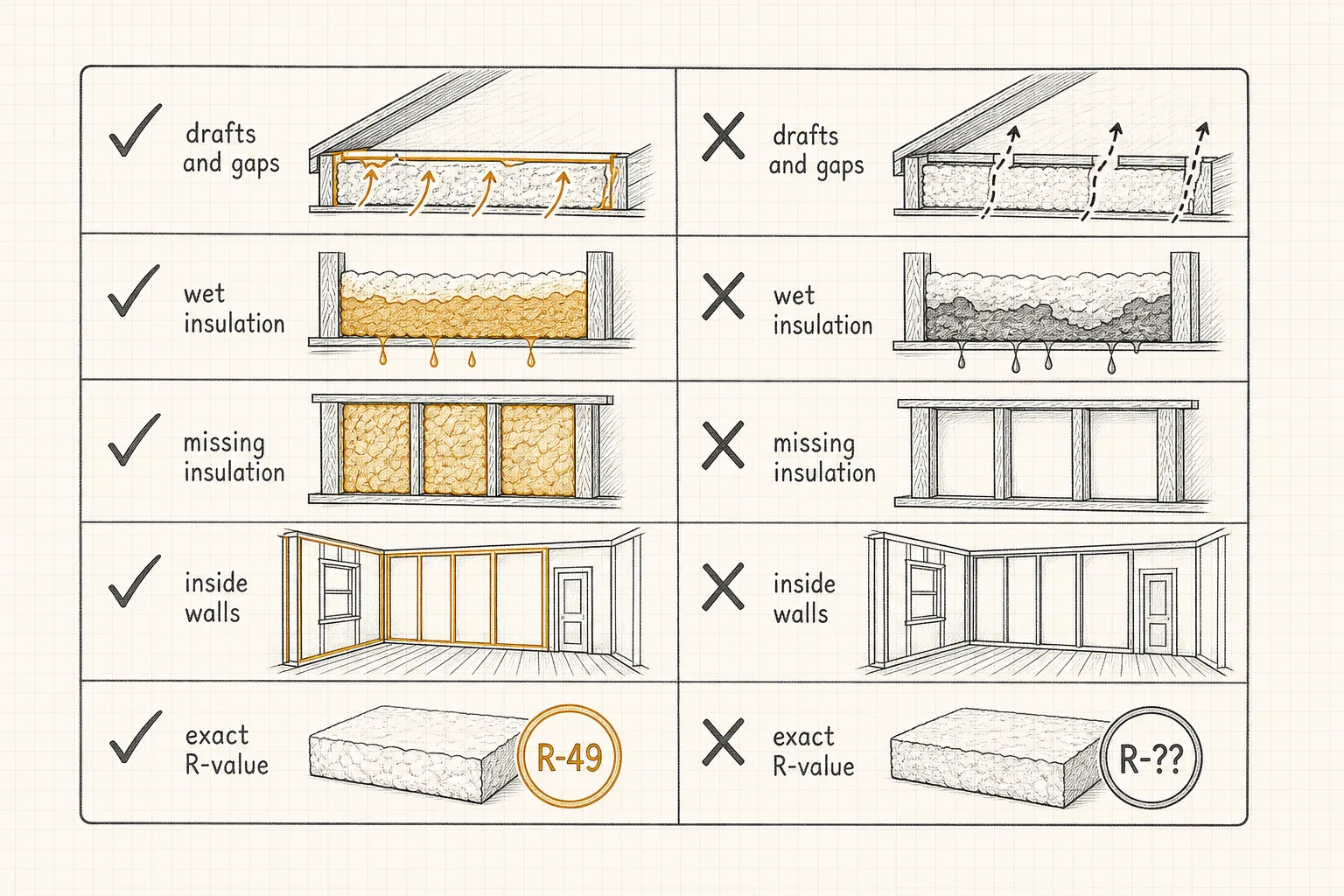 Checklist of what a thermal camera finds — drafts, wet or missing insulation — versus what it cannot show inside walls or exact R-values.