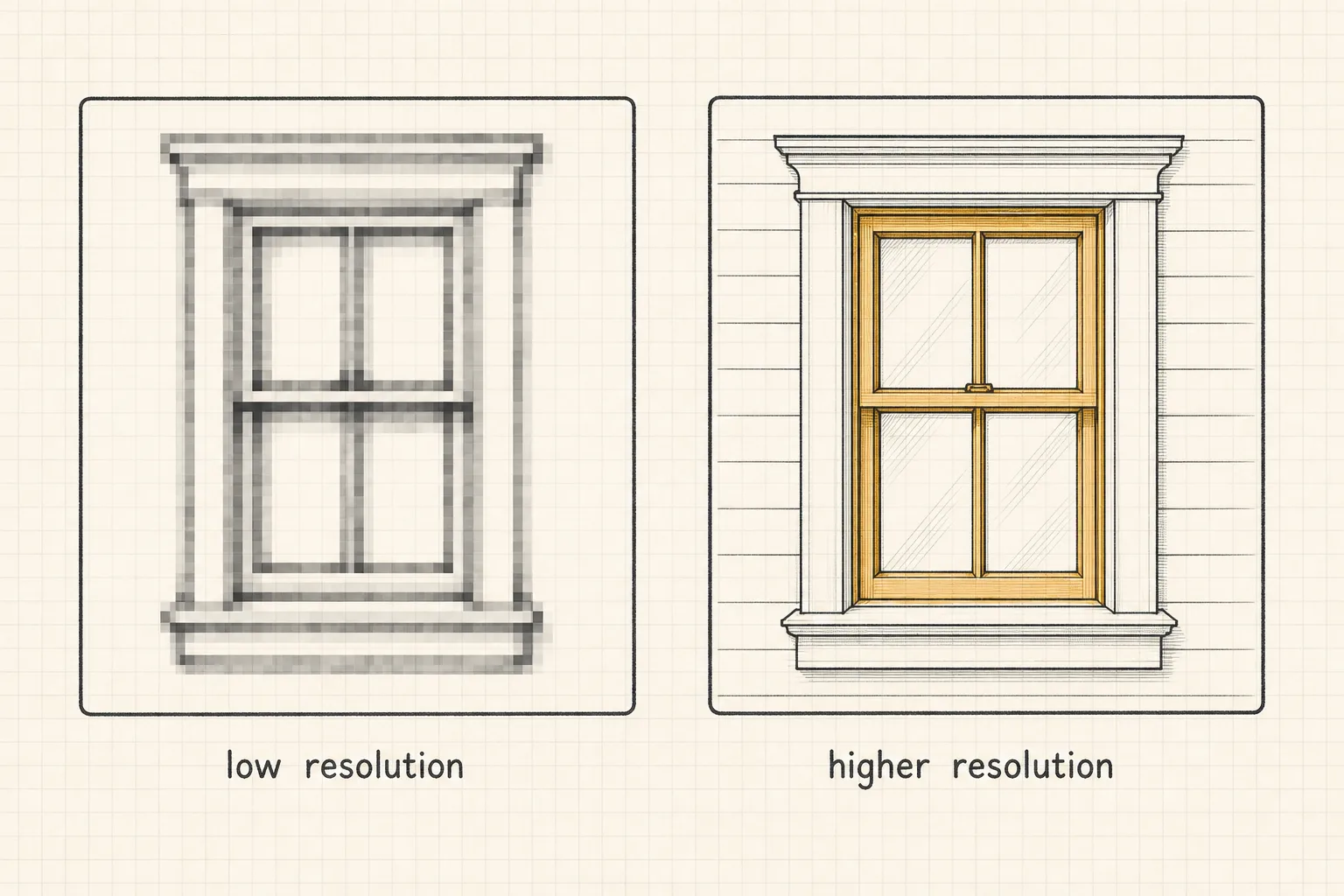 Same window outline shown at low thermal resolution as blocky blobs versus higher resolution as a crisp outline.