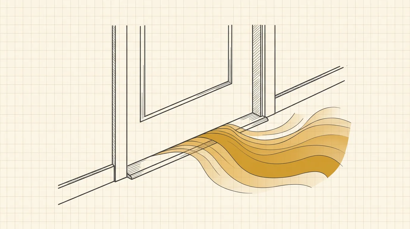 Thermal-camera view of a door threshold with a plume of incoming cold air along the gap, in charcoal lines with one amber accent.