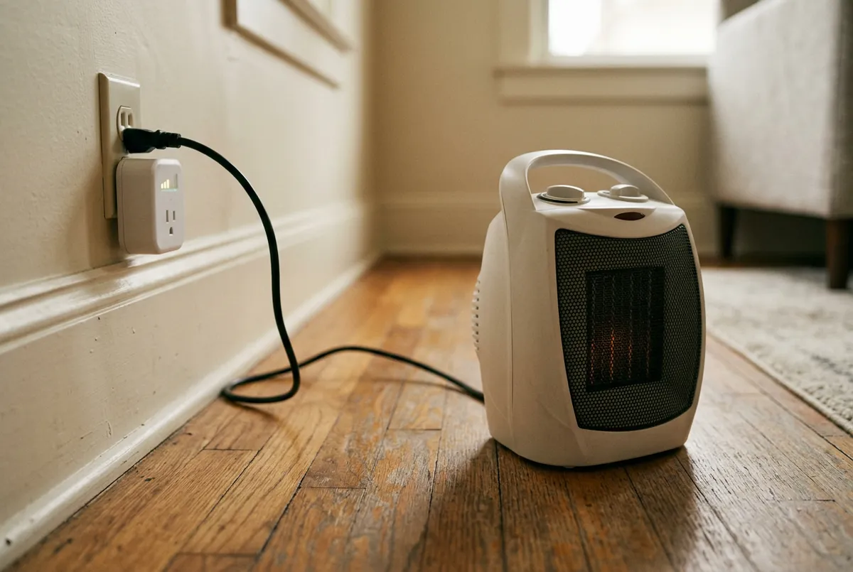 A small ceramic space heater plugged into a white energy-monitoring outlet adapter showing a glowing bar display.