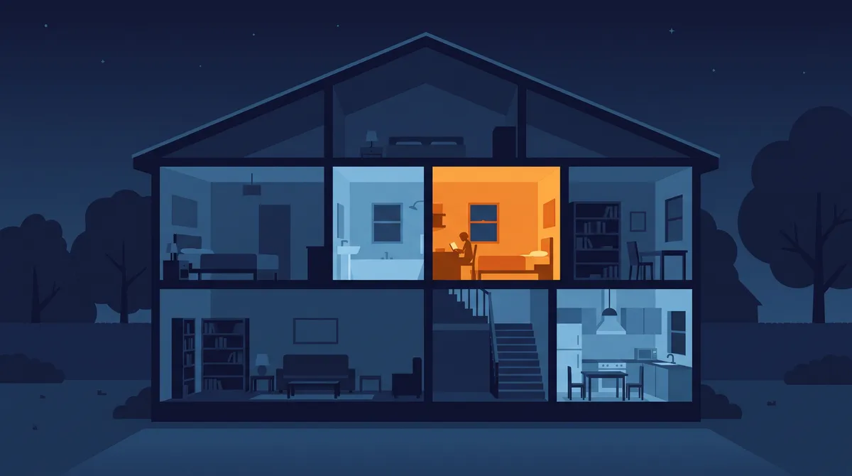 Cutaway illustration of a two-story house at night with one room glowing warm and the other rooms in cool blue shadow.