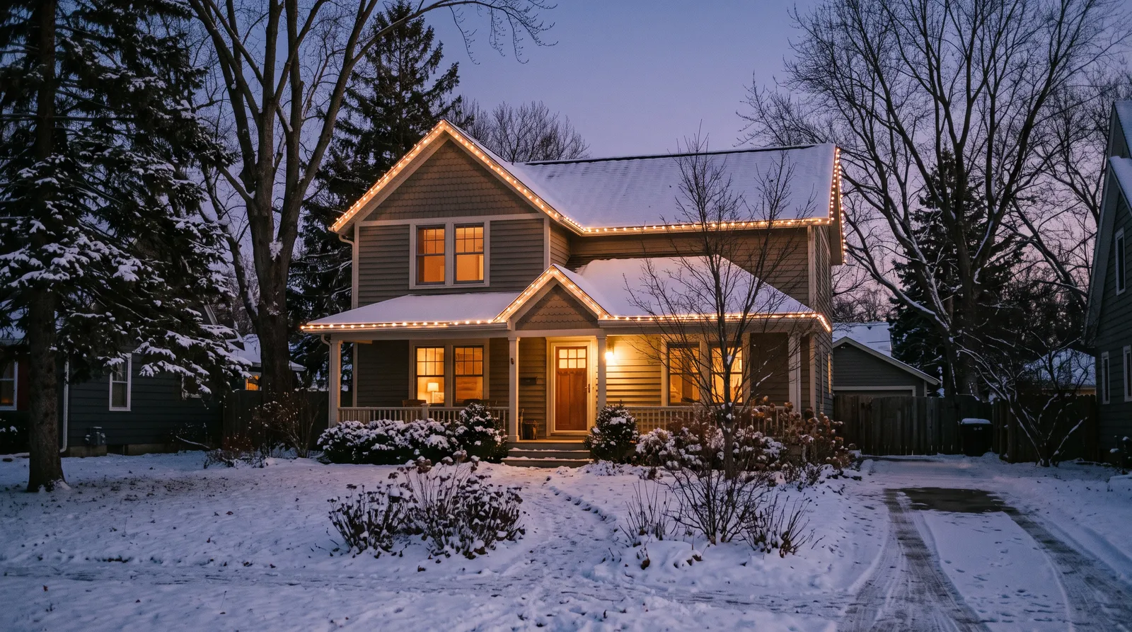 A cozy house at winter dusk with warm white string lights along the roofline and snow on the ground.