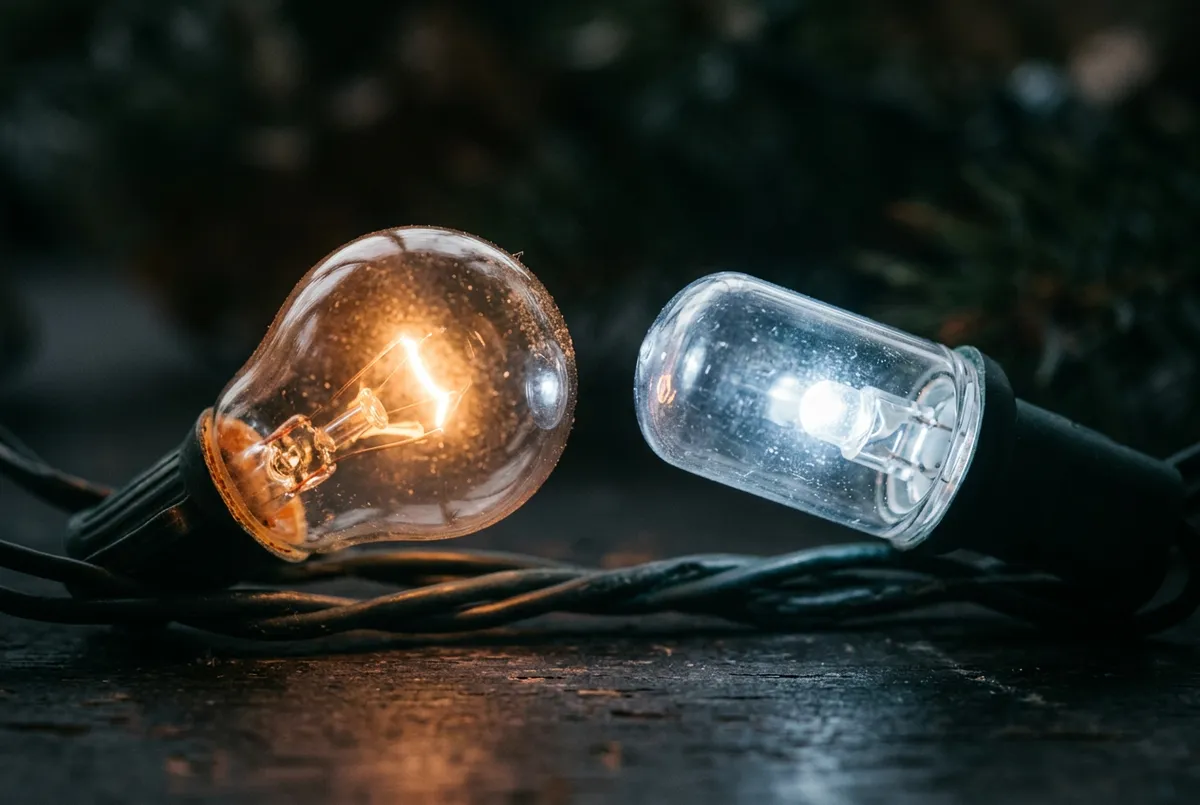 A traditional warm incandescent holiday bulb glowing next to a bright cool-white LED holiday bulb against a dark background.