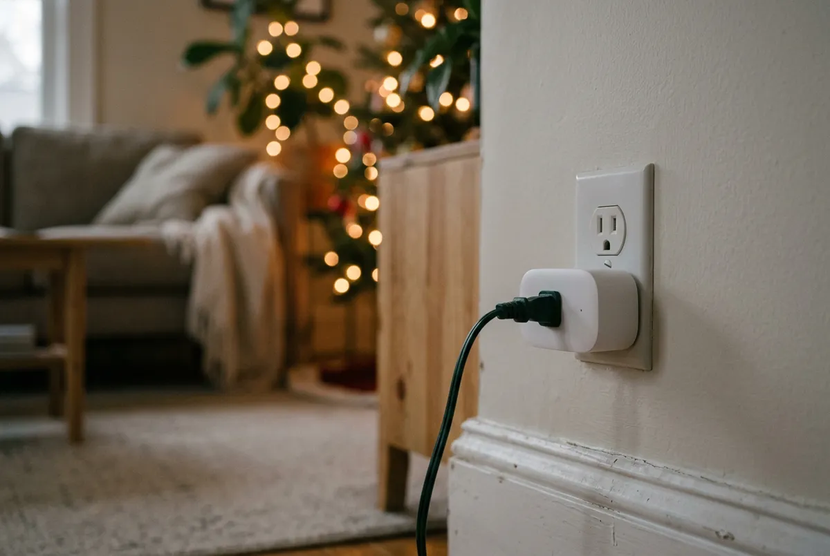 A compact white smart plug in a wall outlet powering an indoor string of warm holiday lights.