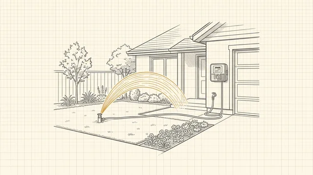 Technical line illustration of a lawn sprinkler running on a schedule set by a small wall controller, in charcoal lines on graph paper with one amber accent on the water.
