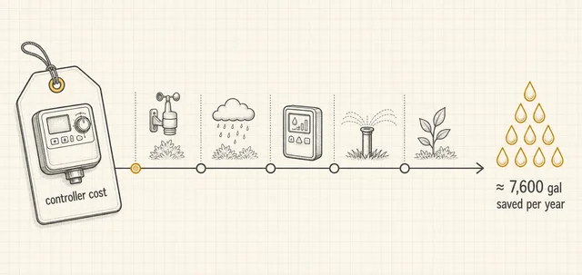 Timeline running from controller cost to roughly 7,600 gallons of water saved per year.