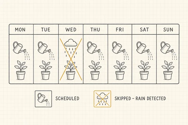 Weekly watering calendar grid with Wednesday crossed out and marked skipped because the controller detected rain.