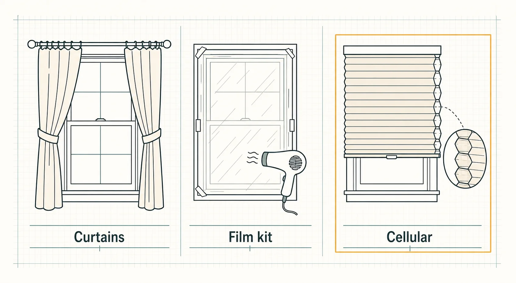 Thermal curtain panels, applied window film, and a honeycomb cellular shade shown side by side as the three treatment options.