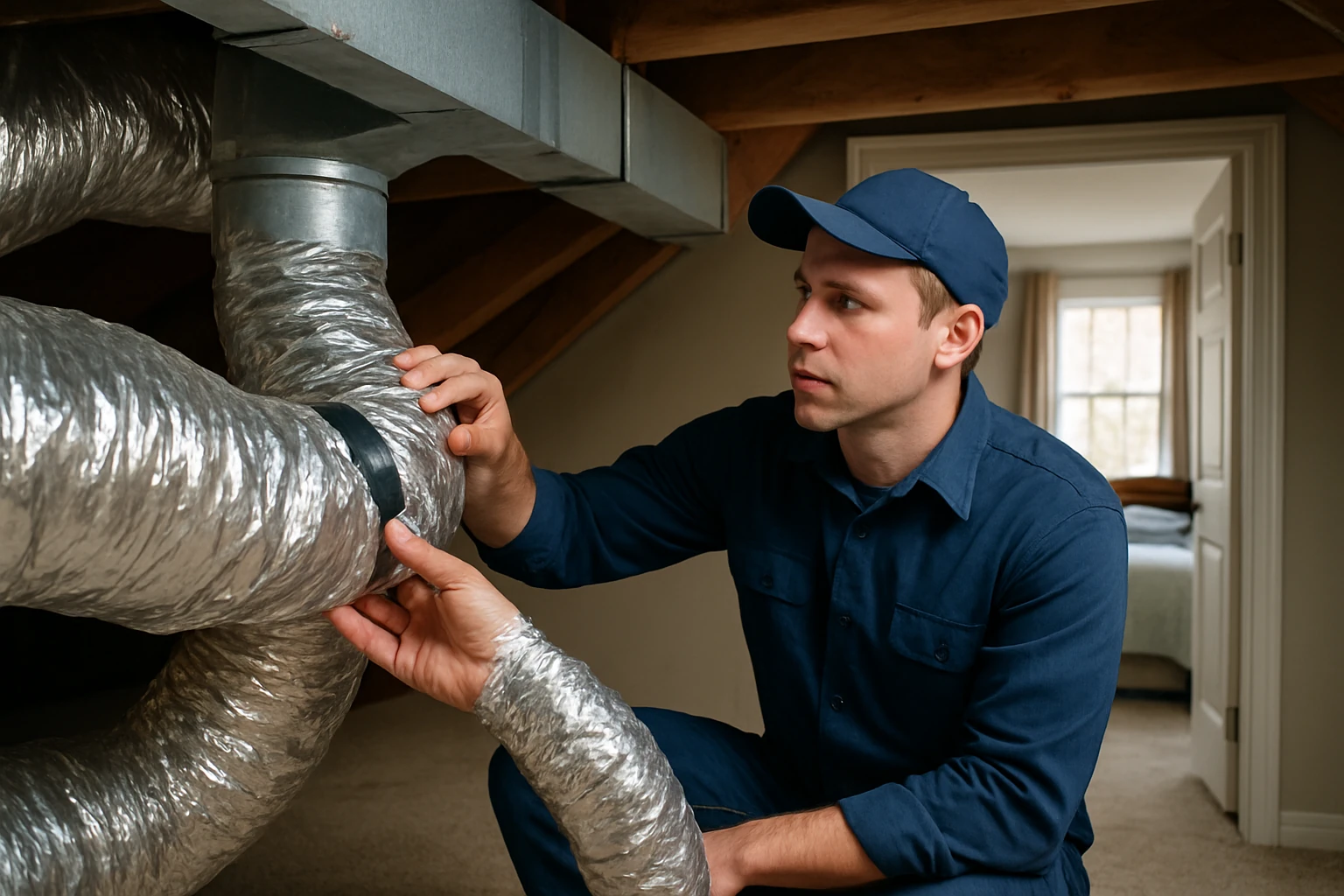 Technician inspecting ductwork in a home