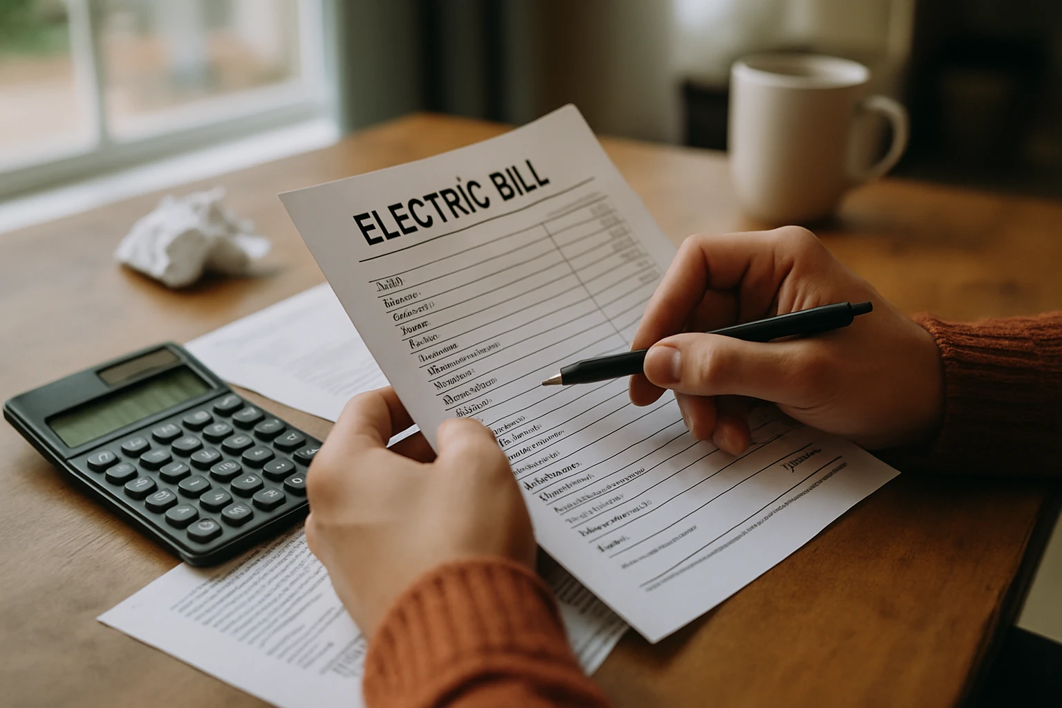 Person reviewing an electricity bill and paperwork at a table