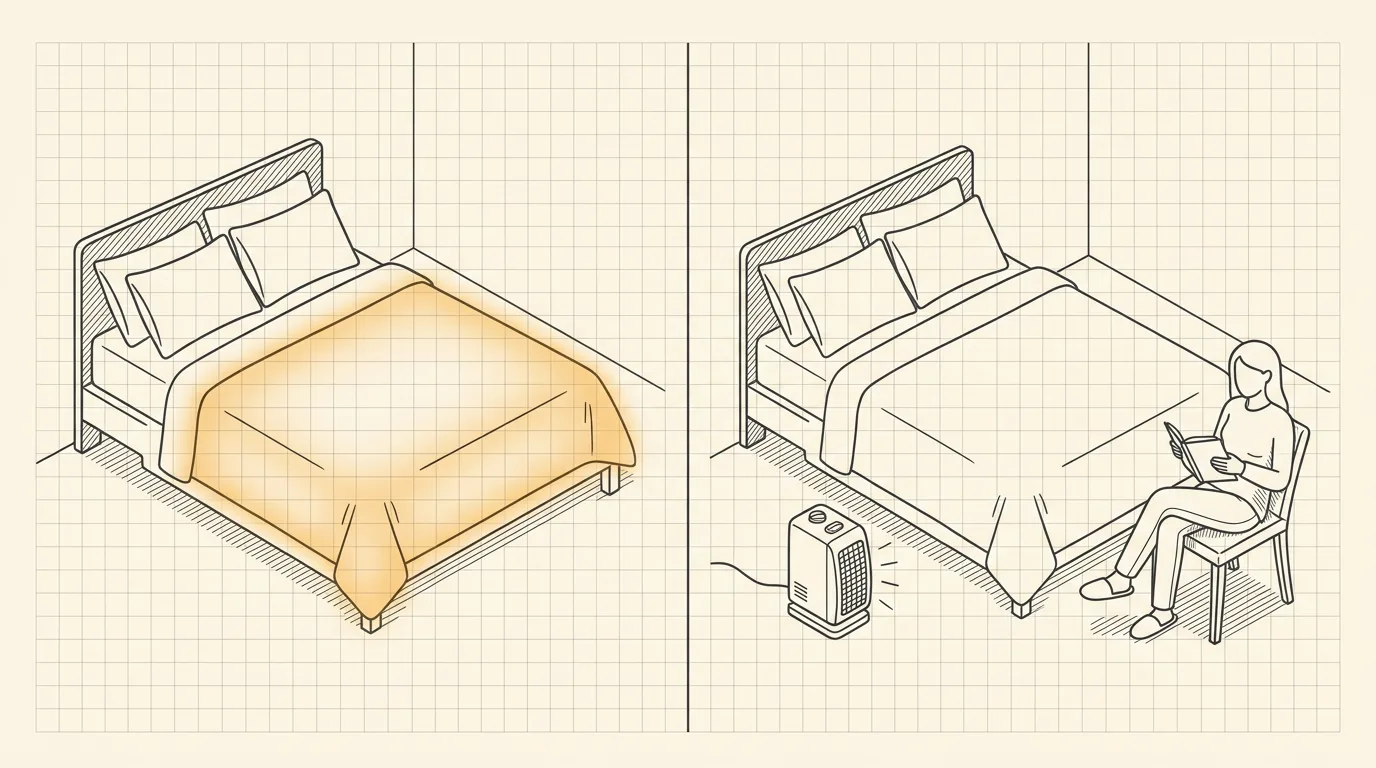 Technical line illustration split scene: a bed with a heated blanket versus a portable space heater warming a person across the room, in charcoal lines on graph paper with one amber accent.