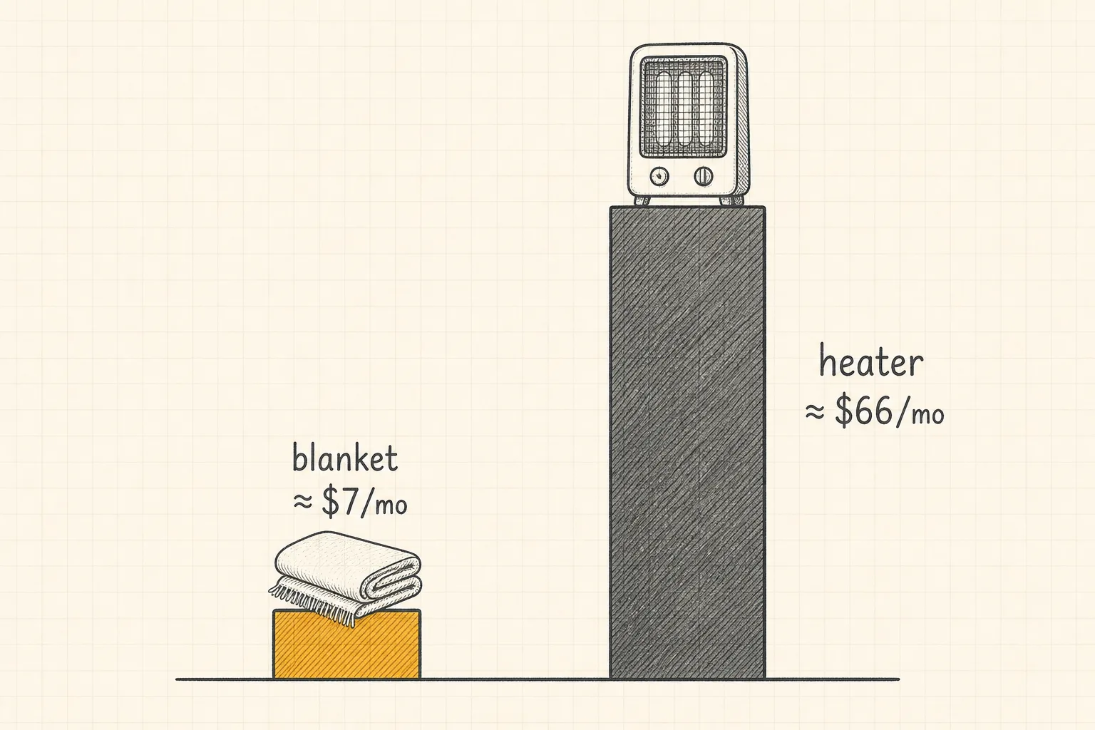 Bar chart comparing roughly seven dollars per month for an electric blanket against roughly sixty-six dollars for a space heater running continuously.