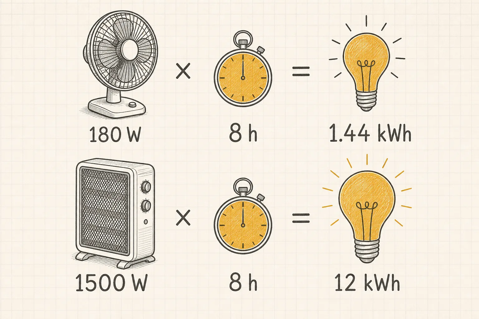 Arithmetic panel comparing 180 watts times 8 hours against 1,500 watts times 8 hours.