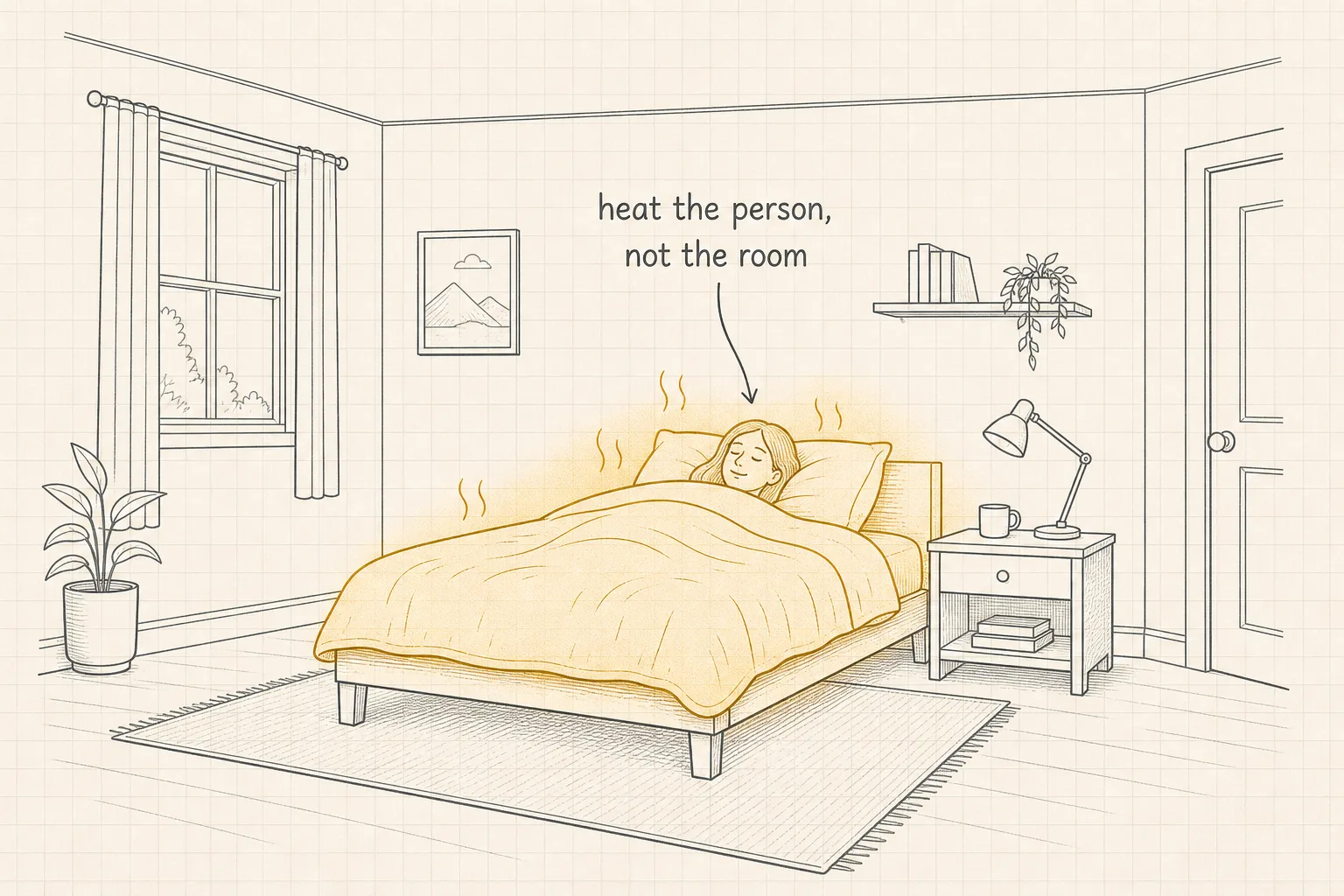 Diagram of zone heating: warmth concentrated on the person in bed while the room stays unheated.