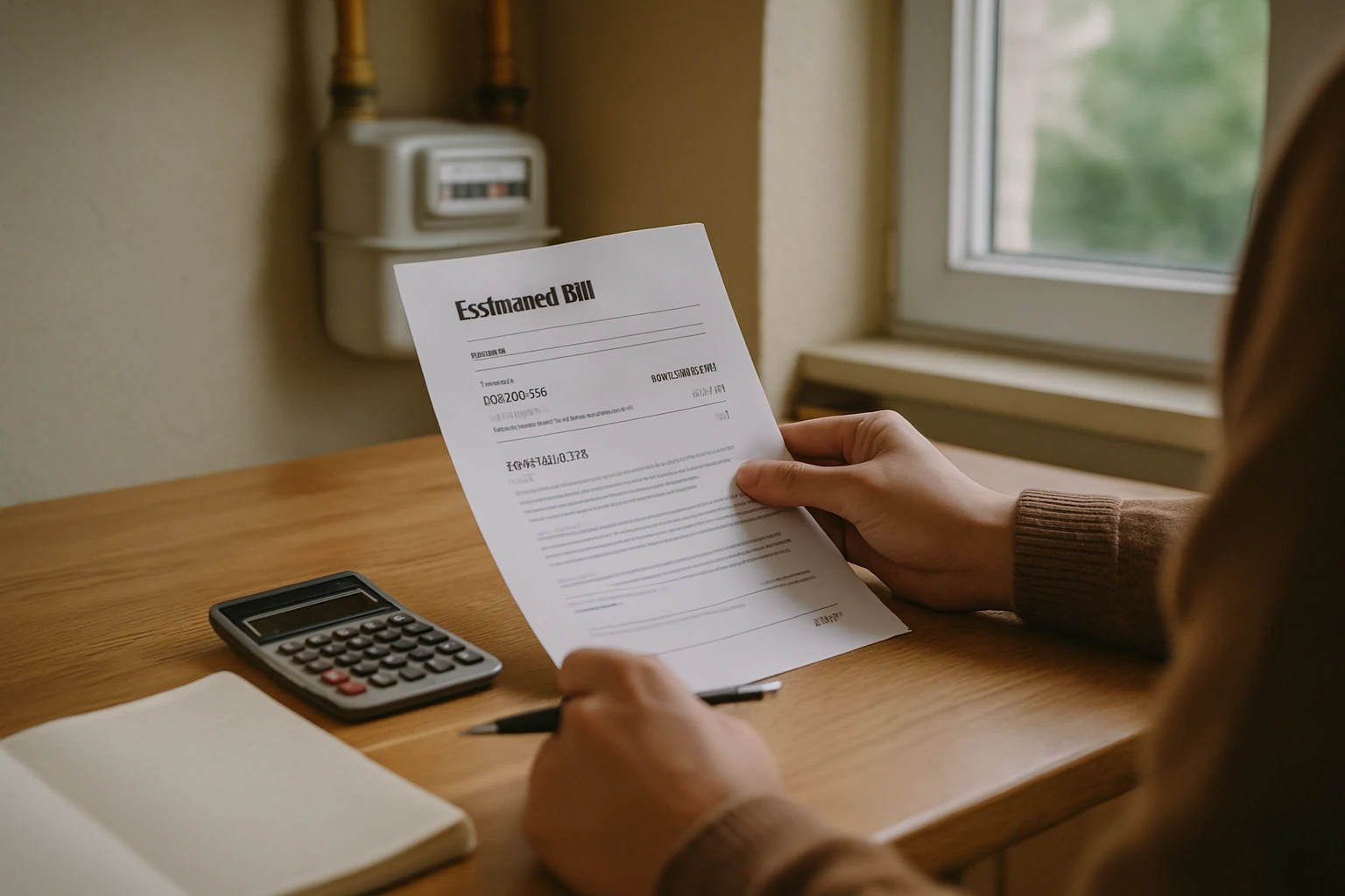 Person reviewing utility bills and a budget worksheet